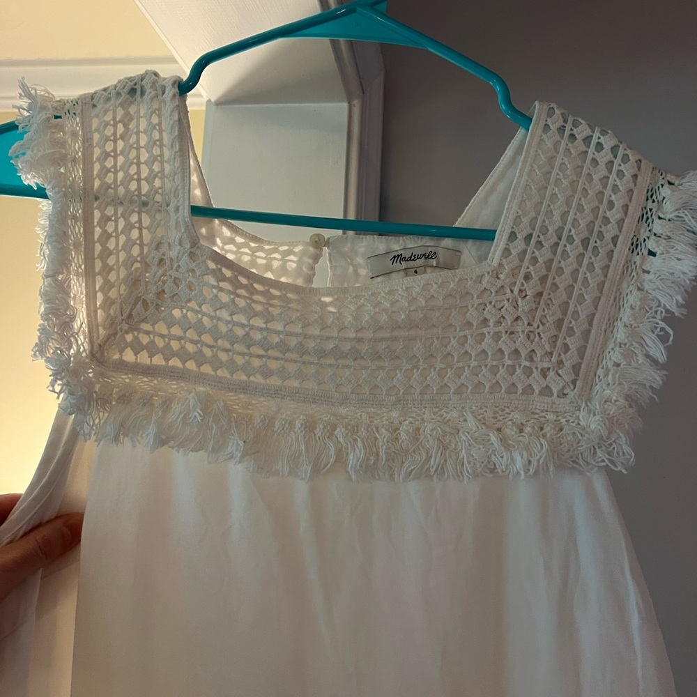 Madewell white mini dress with crotchet top detail and pockets